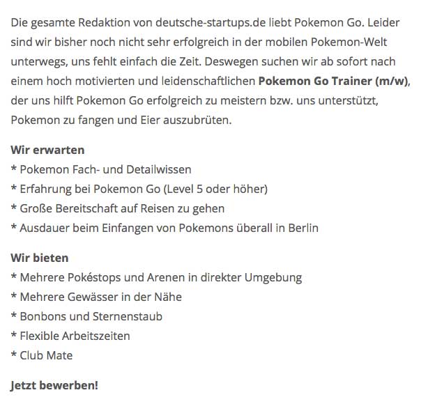 pokémon go trainer stellenangebot deutsche startups
